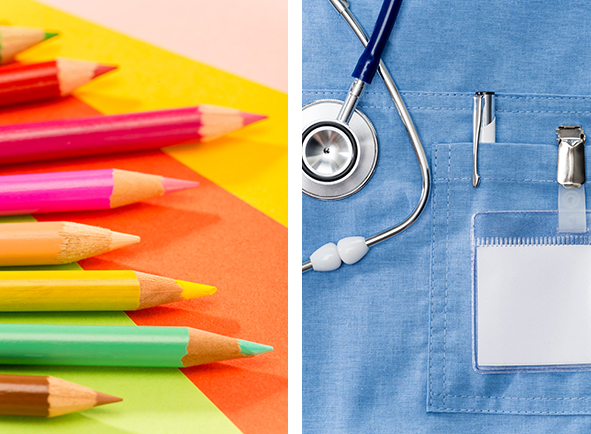 Color pencils and doctor's accessories